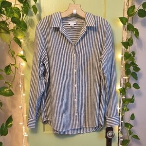 Women's Liz Claiborne Striped Linen Grey White Button Up L